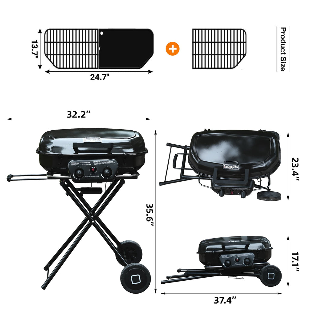 Brand Man Portable 2-Burner Camping Propane Gas Grill, Enameled Foldable BBQ with Griddle for Outdoor Cooking, Green