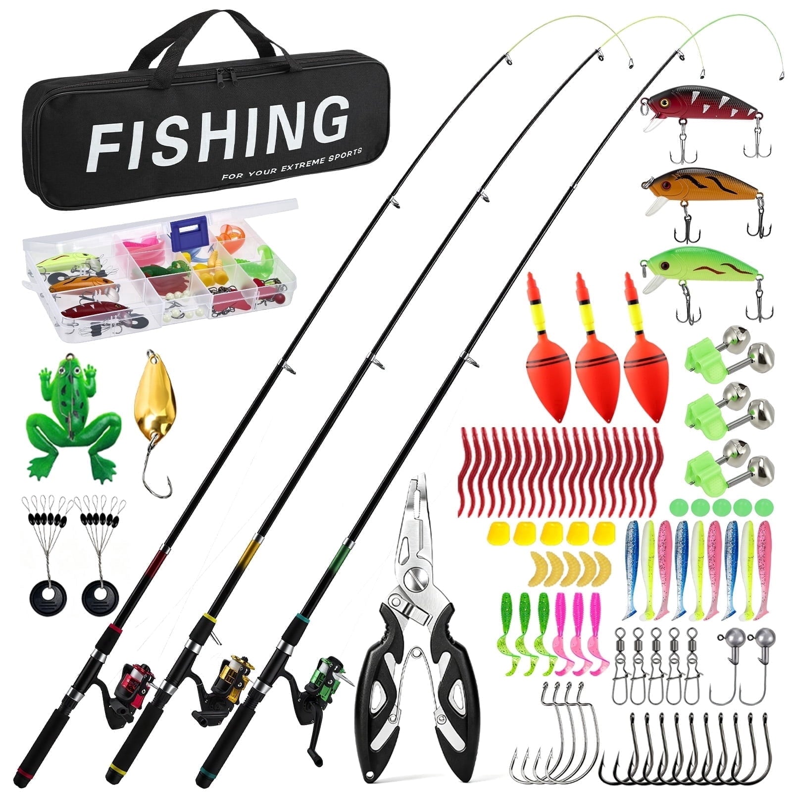 YTAKY Fishing Pole, 3-Piece Telescopic Rod and Reel Combo Kit with 95-Piece Lure Set, Carrier Bag, Pliers, Bobbers and Bells for Beginners