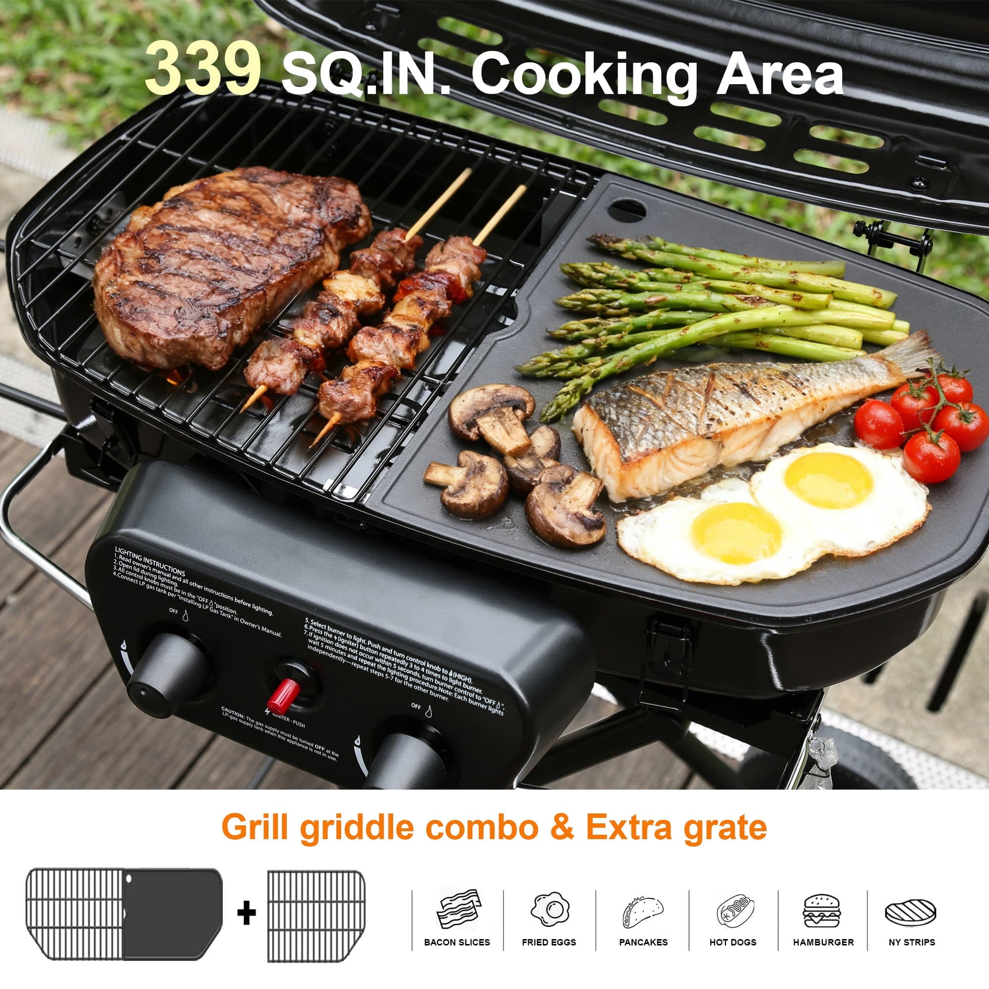 Brand Man Portable 2-Burner Camping Propane Gas Grill, Enameled Foldable BBQ with Griddle for Outdoor Cooking, Green
